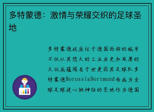 多特蒙德：激情与荣耀交织的足球圣地