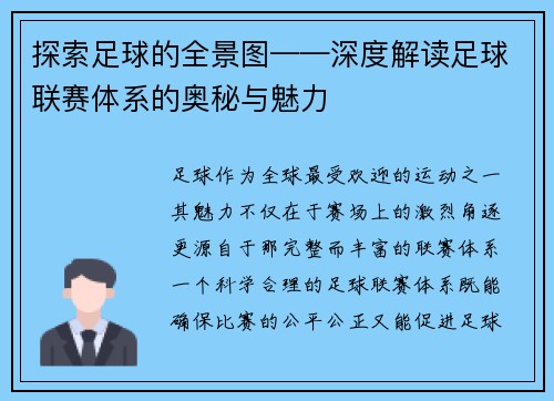 探索足球的全景图——深度解读足球联赛体系的奥秘与魅力